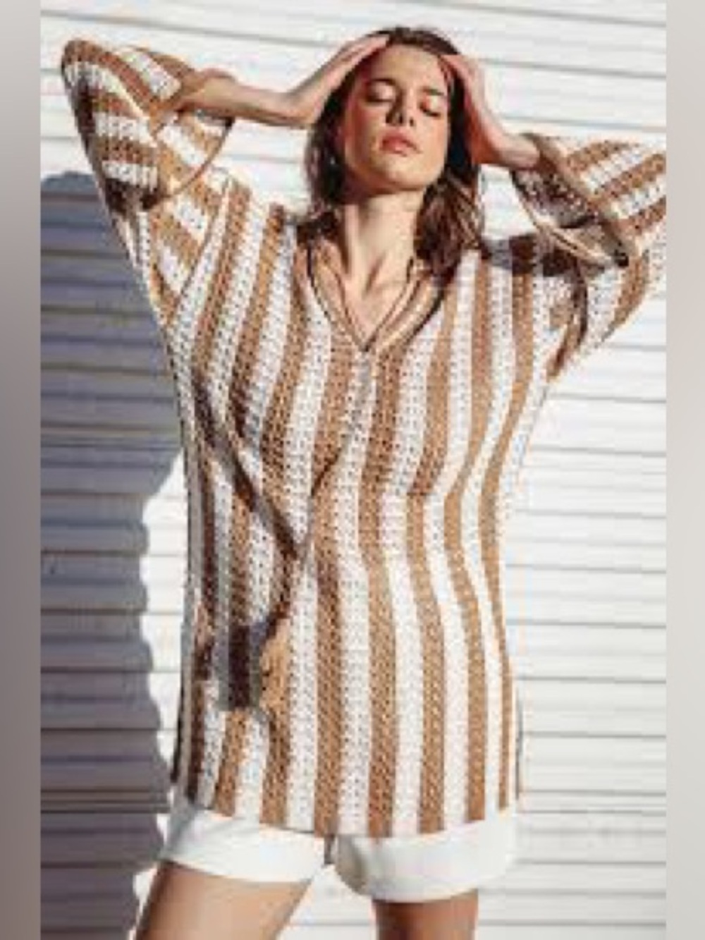 Freemarket Women’s Striped Crochet Cover-Up Tunic in Brown and White
